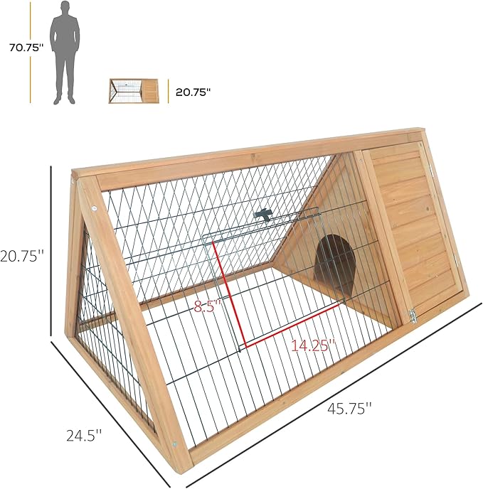 PawHut 46" x 24" Wooden A-Frame Outdoor Rabbit Hutch, Small Animal Cage, Bunny Hutch with Outside Run & Ventilating Wire, Yellow