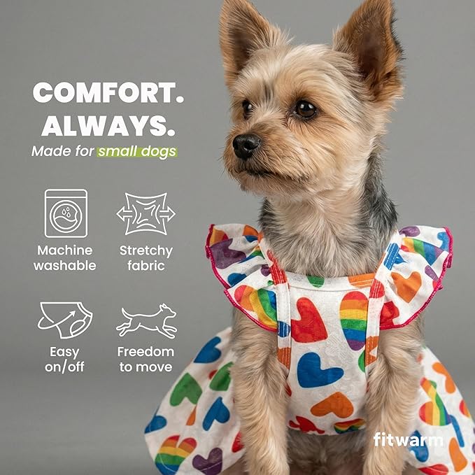 Fitwarm Colorful Heart Dog Dress, Summer Clothes for Small Dogs Girl, Cute Pet Rainbow Outfit, Red, Yellow, Blue, Green, White, Large