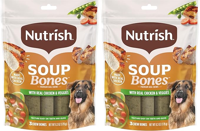Rachael Ray Nutrish Soup Bones Dog Treats, Real Chicken & Veggies Flavor, 3 Bones, 6.3 Ounces (Pack of 2)
