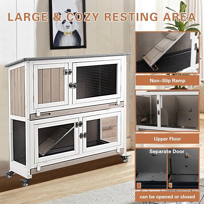 Gowoodhut 36" L Rabbit Hutch Indoor Wooden 2 Story Bunny Hutch Rabbit Cage Outdoor Bunny Cage on 4 Metal Wheels and 2 Deeper Pull Out Trays, Ramp, Guinea Pig Pet House for Small Animals, Grey