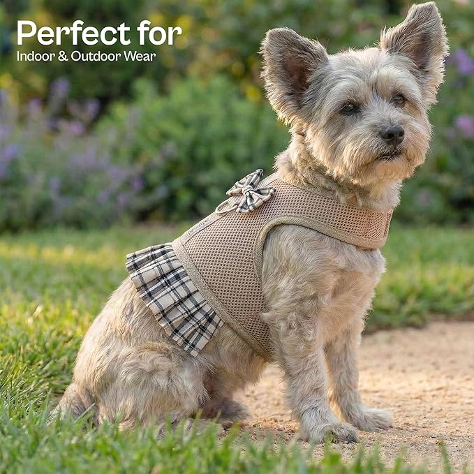 Parisian Pet Plaid Khaki Dog Harness Dress - Breathable No Pull Puppy Dress with Leash Ring - 100% Mesh Fabric Harnesses for Dogs - Soft Padded Step in Pet Vest - Dog Harness for Large Sized Dogs