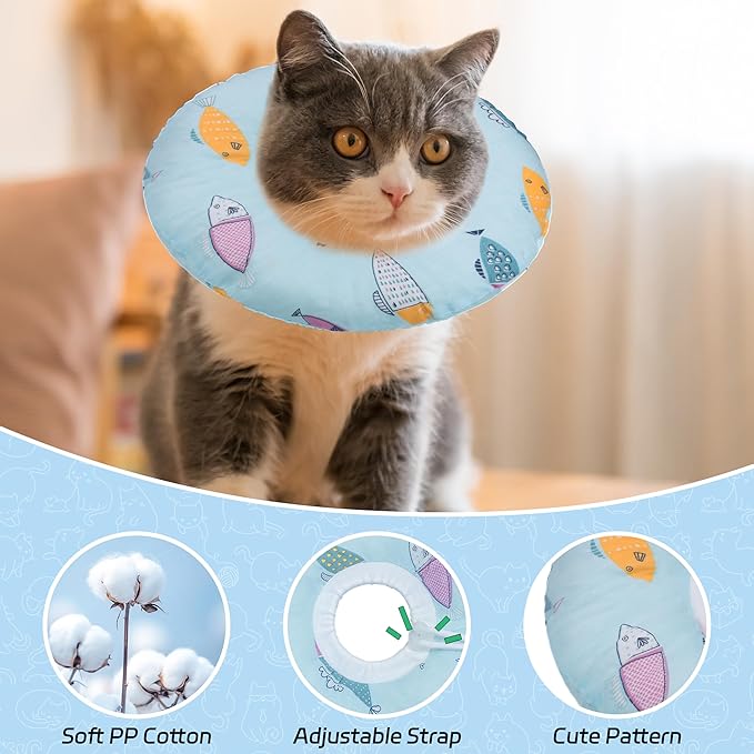 Seyezo Cat Cone Collar Soft, Spay Soft Cones to Stop Licking, Cat Neck Donut Pillow After Surgery, Spay Cones for Kittens, Soft Recovery Cone for Cats, Elizabethan Kitten Cones (Blue Fish, Medium)