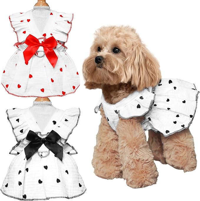 2 Pieces Dog Dress, Pet Clothes for Small Dogs Girl, Cute Heart Print Puppy Sleeveless Dresses with D-Ring, Breathable Pet Outfit Summer Clothes for Small Dogs Puppy Cats Girl Apparel (Heart, X-Large)
