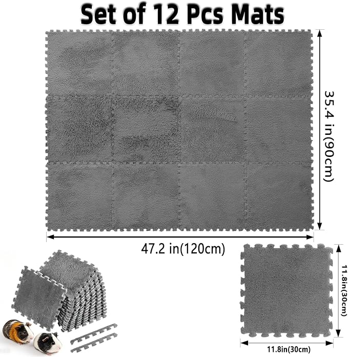 BNOSDM 12Pcs Guinea Pig Plush Pads, Reusable Rabbit Sleeping Floor Mats with Edging, Washable Guinea Pig Fleece Cage Liners, Soft Warm Bunny Bedding, Cage Pad for Small Animals (11.8", Gray)