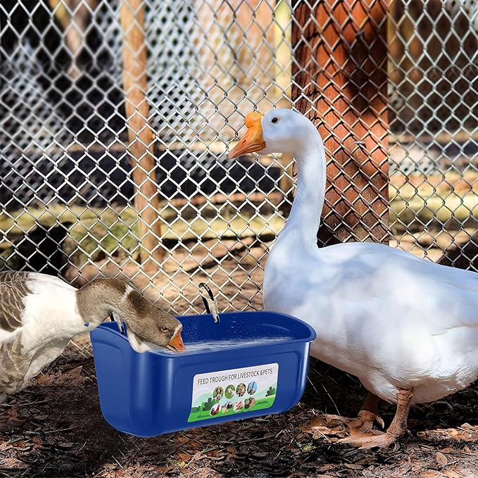 Chicken Feeder Waterer, 3 Pack Duck Feeder Supplies, Hanging Fence Feed Trough with Clips for Goat, Sheeple, Piglet, Gooses, Turkeys, Dog Livestock Poultry, Blue