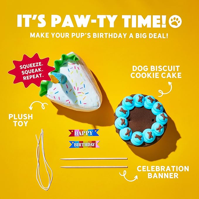 Thoughtfully Pets Dog Birthday Cake and Plush Toy Set, Mini Cookie Cake Treat with Birthday Banner Decoration, Puppy Party Celebration Gift, Hand Decorated Hollow Biscuit Treat for Dogs