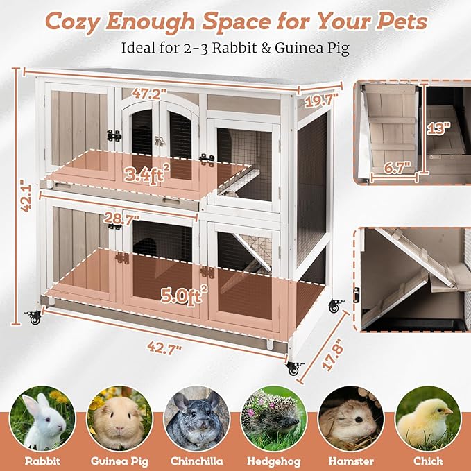 2 Story Large Rabbit Hutch Indoor with 2 Deeper Pull-Out Trays, Wooden Rabbit Cage with 4 Lockable Wheels, Ramp, Chew-Anti Metal Strip for Rabbit, (47" L x 18" W x 42" H)