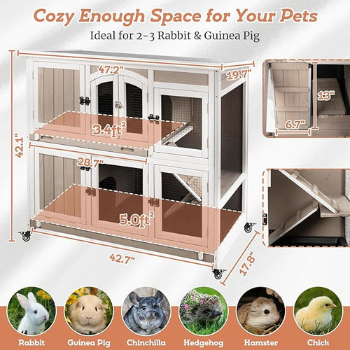 2 Story Large Rabbit Hutch Indoor with 2 Deeper Pull-Out Trays, Wooden Rabbit Cage with 4 Lockable Wheels, Ramp, Chew-Anti Metal Strip for Rabbit, (47" L x 18" W x 42" H)