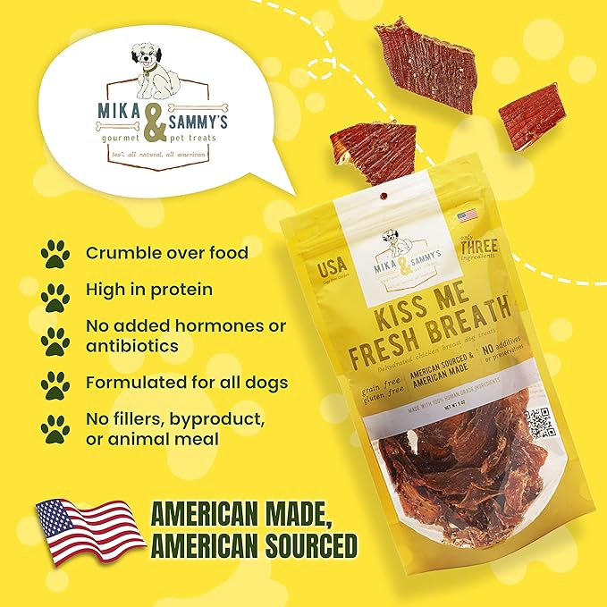 Mika & Sammy's Gourmet Chicken Jerky Dog Treats Made in USA - Kiss Me Fresh Breath - 5oz bag