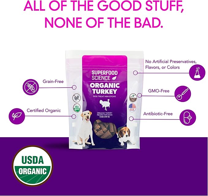 Organic Dog Treats, Soft & Chewy Organic Turkey Dog Treats, Low Calorie Hypoallergenic Natural Limited Ingredient Training Treats, Puppies & All Dog Sizes, Made in USA, for Sensitive Stomachs, 5 oz