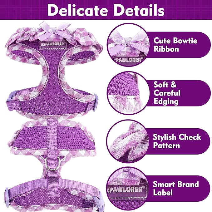 EXPAWLORER Cute Dog Harness Collar Leash Set - Purple Girl Dog Harness Checkered Step-in Design, Detachable Bow Pet Collar, Adjustable No-Choke Lightweight Mesh Vest for Small Medium Dogs, M
