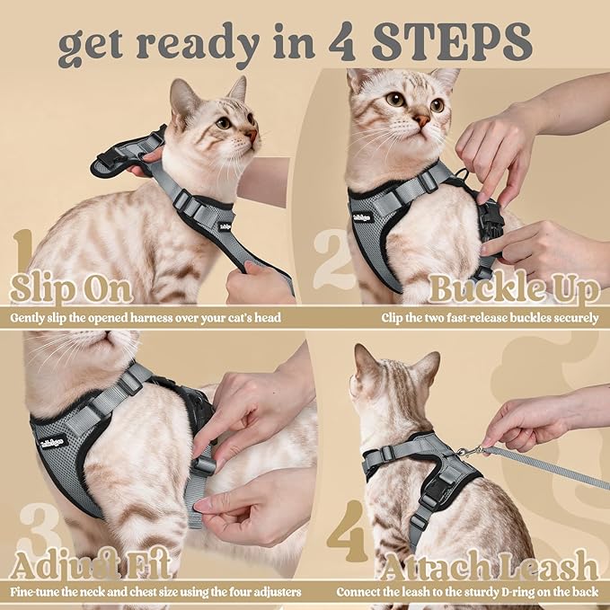rabbitgoo Cat Harness and Leash for Walking, Escape Proof Soft Adjustable Vest Harnesses for Cats, Easy Control Breathable Reflective Strips Jacket, Grey, M