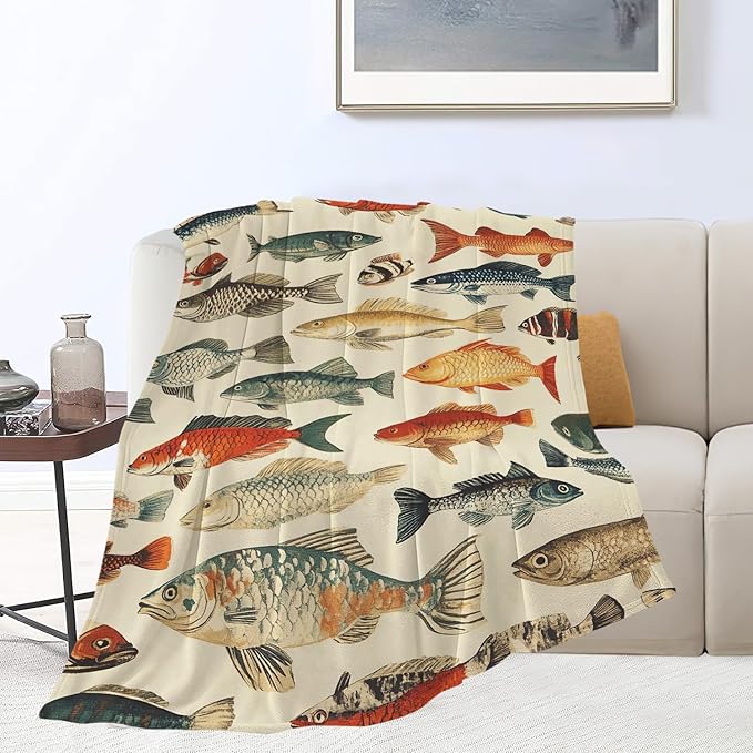 Fish Throw Blanket Fish Gifts for Kids Girls Boys Adults Women Men Soft Cozy Warm Plush Fluffy Fuzzy Fleece Blanket Birthday Festival Decor 60''X80''
