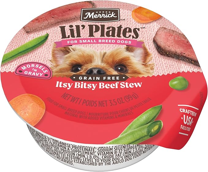 Merrick Lil’ Plates Grain-Free Wet Dog Food for Small Dogs Itsy Bitsy Beef Stew Recipe with Real Beef, 3.5 oz. Tub