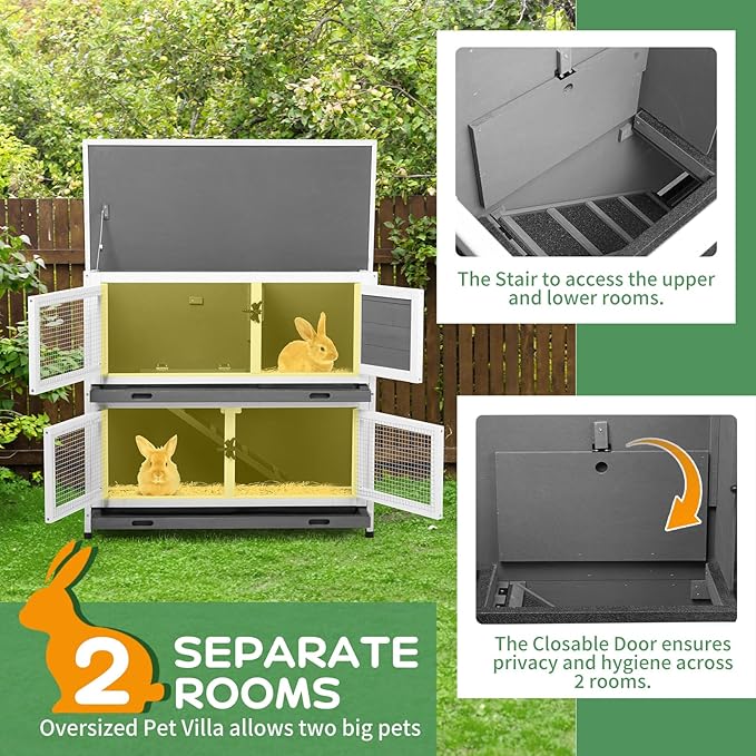 2 Story Solid Wood Rabbit/Bunny Hutch with 2 Large Main Rooms, Indoor Outdoor Rabbit House Guinea Pig Cage Pet House for Small Animals with Ventilation Door Removable Tray Waterproof Roof (Grey)