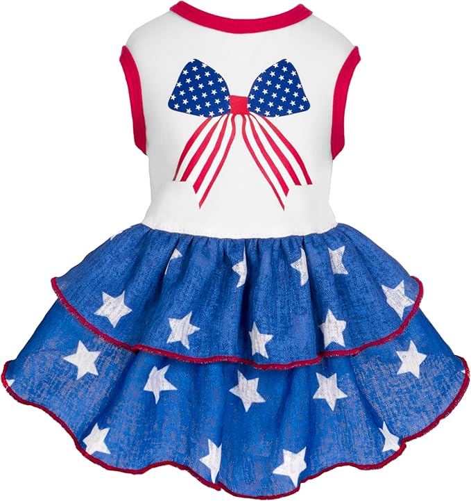 Fitwarm Patriotic Bowknot Tiered Ruffle Dog Dress, 4th of July Clothes for Small Dogs Girl, Pet Outfit, Royal Blue, Red, White, Small
