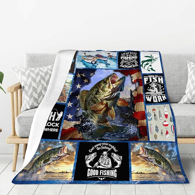 Fishing Blanket Fish Throw Blankets Cozy Fleece Flannel Blanket Fishing Stuff Bedding Fishing Gifts for Men Fisherman Who Loves Fish for Couch Sofa Bed Decor 50"X60"
