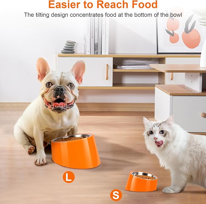 Tilted Dog Bowl Non-Slip & Non-Spill Pet Feeder with Elevated Detachable Melamine Stand, Easy to Get Food Dog Dish, S/100ml Orange