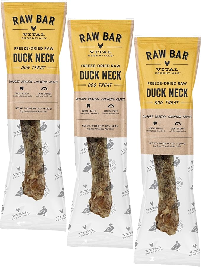 Vital Essentials Freeze-Dried Raw Duck Neck Dog Treat & Natural Chew, 3-Pack | Single Ingredient Dog Treat for Light Chewers | Made in USA