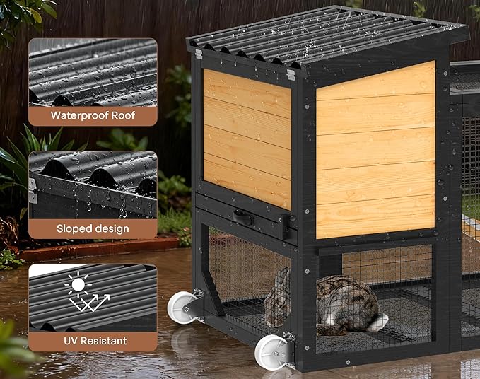 TIMHAKA 2-Story Rabbit Cage with Wheels, Bunny Hutch w/Chew-Proof Ramp, Indoor Outdoor Bunny Cage w/Leak-Proof Trays and Openable Waterproof Roof for Rabbits, Guinea Pig, Small Animal Yellow
