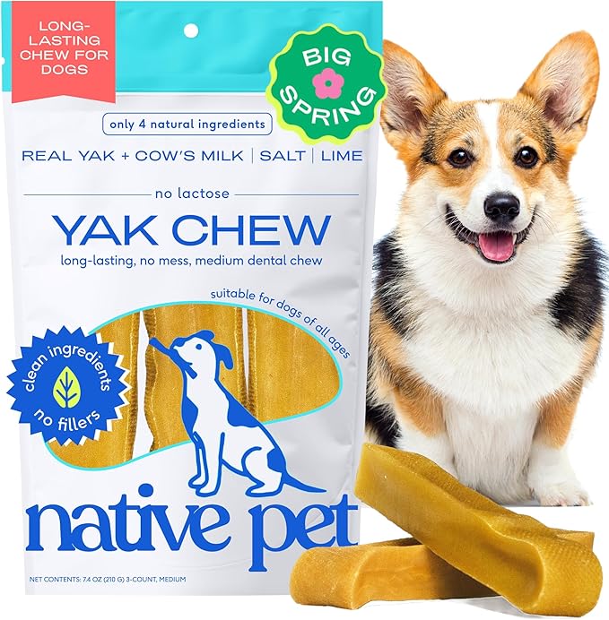 Native Pet Yak Cheese Himalayan Dog Chews - Long Lasting Dental Sticks for Medium Breeds – 100% All Natural Himalayan Yak Chews for Medium Dogs – Cheese Bone for Aggressive Chewers - 3 Per Pack