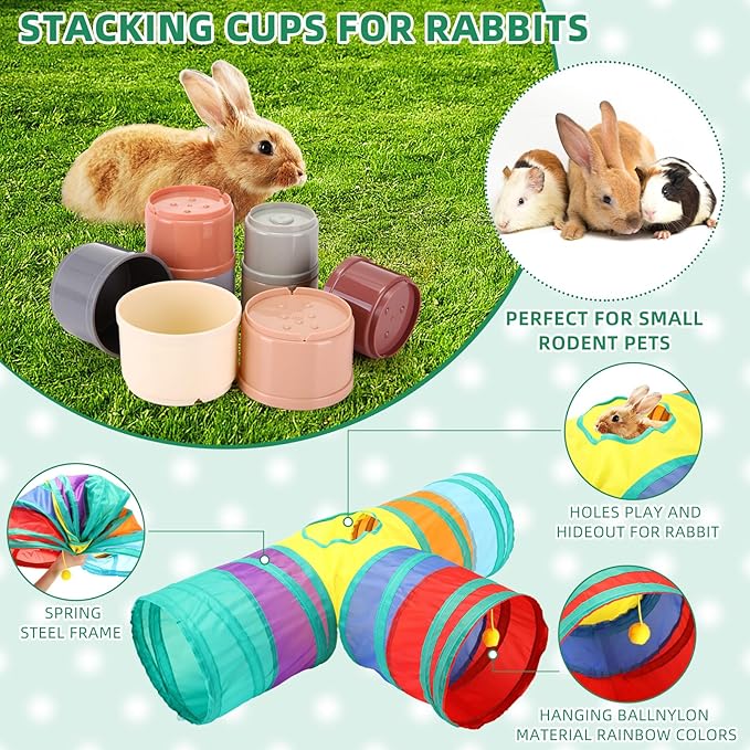 34 Pcs Rabbit Starter Kit Rabbit Litter Box Small Animal Water Bottle Stacking Cups Bunny Tunnels Animal Grooming Kit Bowl Blanket with Cleaning Set for Guinea Pig Bunny Accessories(Blue)