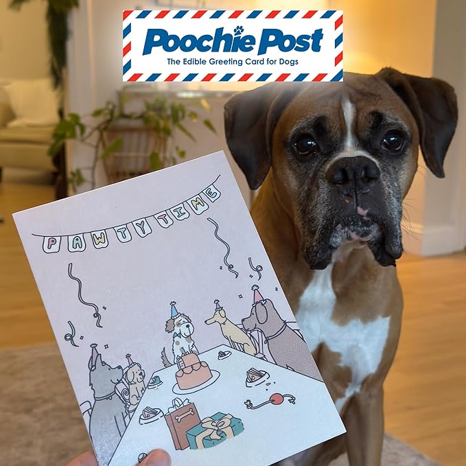 Poochie Post Edible Birthday Greeting Card for Dogs, Bacon-Flavored Dog Treat Birthday Gift with Edible Ink Pen, "Pawty Time" Design, Gluten & Grain Free, Made in USA