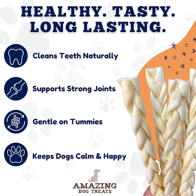 Amazing Dog Treats - Beef Cheek Braids Dog Chew (6 Inch - 15 Pack) - NO Odor - Rawhide Alternative - Beef Cheek Slice Chip Sticks - No Dyes, Chemicals, or Preservatives