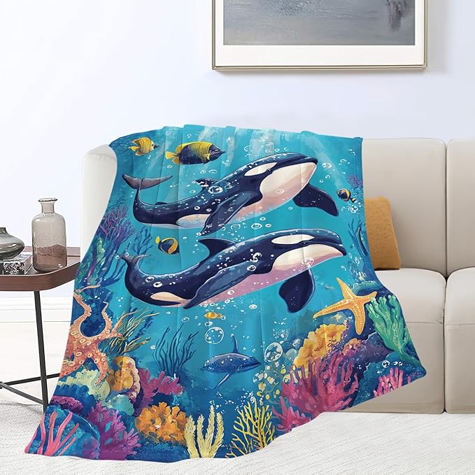 Whale Throw Blanket Ocean Whale Stuff Gifts for Kids Girls Boys Adults Women Man Soft Cozy Warm Plush Fluffy Fuzzy Fleece Blanket Decor 60''X80''