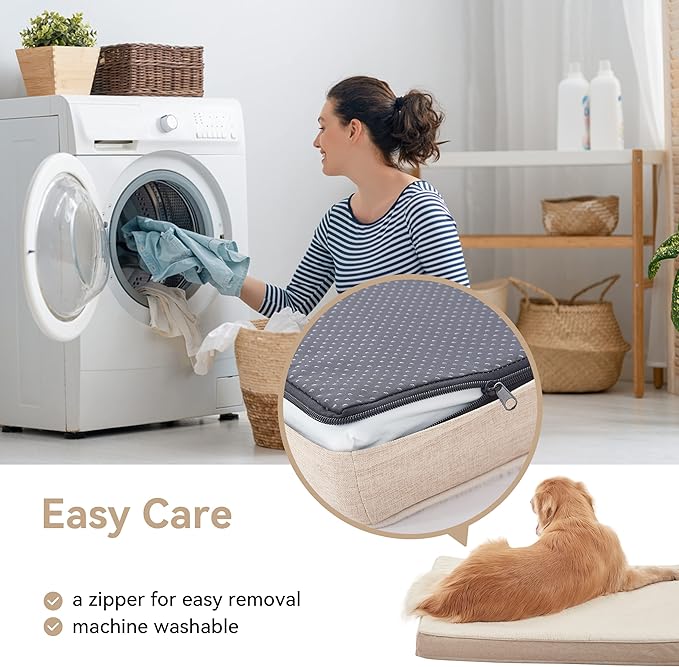 WATANIYA PET Memory Foam Large Dog Bed, Cooling Dog Beds for Large Dogs, Washable Orthopedic Pet Bed for Crate with Joint Relief Memory Foam, Waterproof Liner and Plush Cover (35"x 22", Beige)