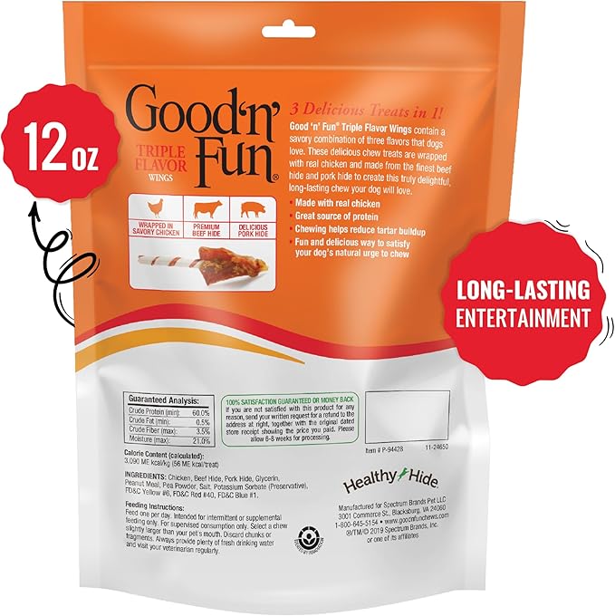 Good ‘n’ Fun Triple Flavor Wings Chews for All Dogs, 12 Ounces, Treat Your Dog to Long-Lasting Chews Made with Chicken, Beef Hide and Pork Hide