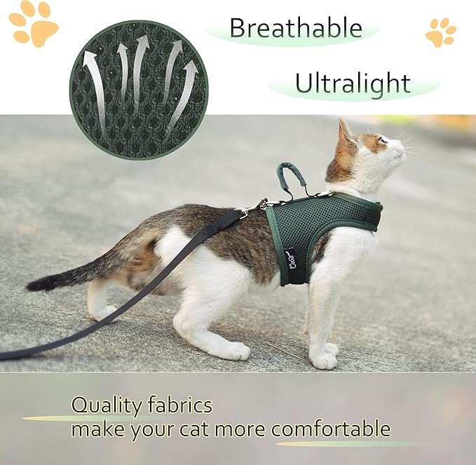 Cat Harness and Leash for Walking Escape Proof Breathable Mesh Fabric, Solid Green, Extra Large, Adjustable Cat Walking Jackets with Handle, Padded Stylish Cat Vest