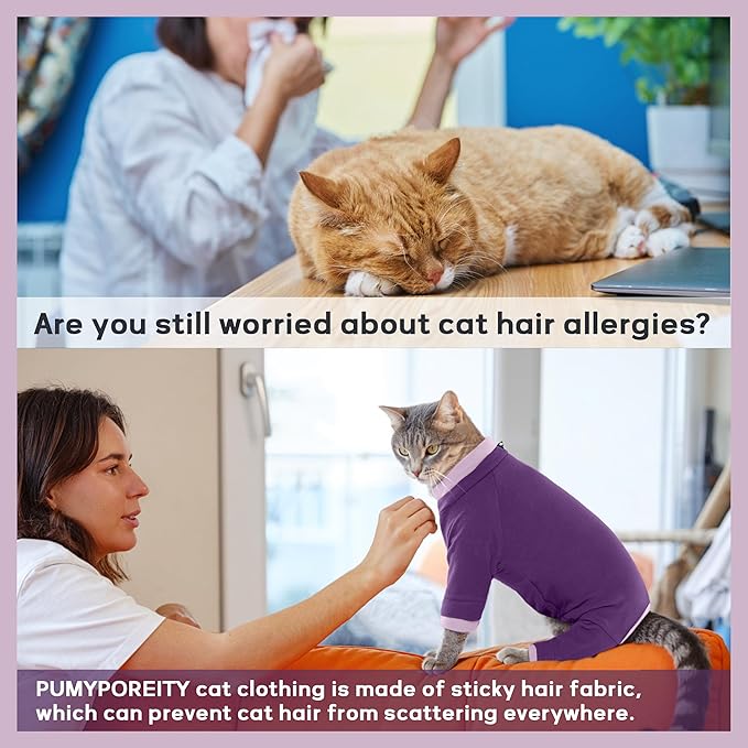 PUMYPOREITY Cat Recovery Suit, Stops Wound Licking After Surgery, Sticky Hair Shirt with Sticky Fabric, Cat Pajamas Prevents Over-Grooming, Purple, XS