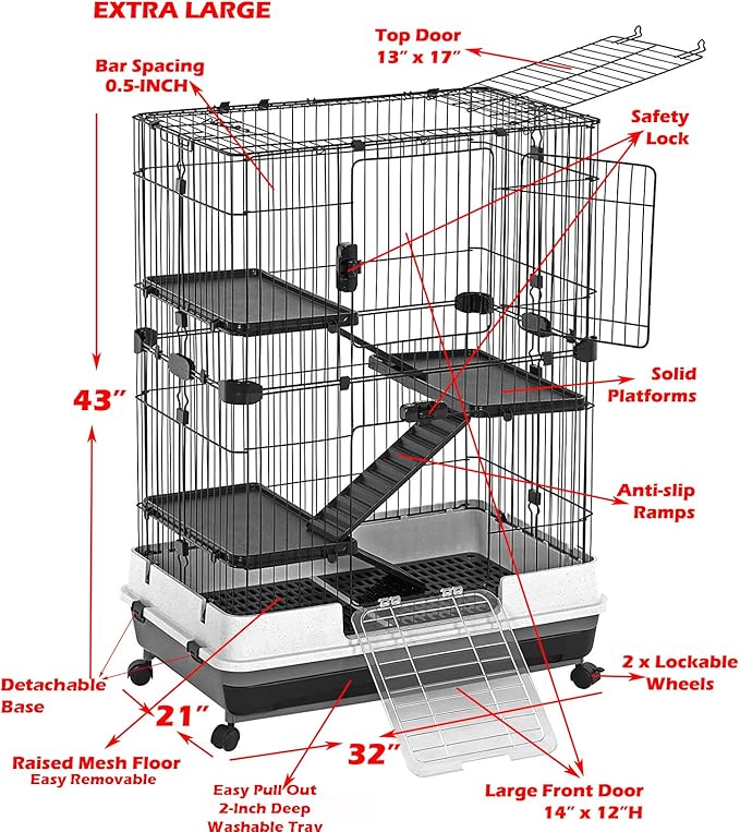 X-Large 32”L in/Outdoor Small Animal Rabbit Home Ferret Cage Bunny Hutch Adjustable Paw Safe Platform Ladder Raised Bottom Mesh Floor Easy Pull Out Washable Deep Tray Lockable Wheels