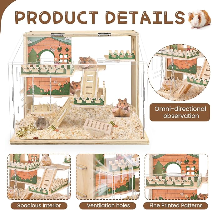 Wooden Hamster Cage Large, 16-Inch 3-Layer Acrylic Hamster Cage, Small Animal Cages with Platform and Playpen for Direct Observation, Pet Supplies