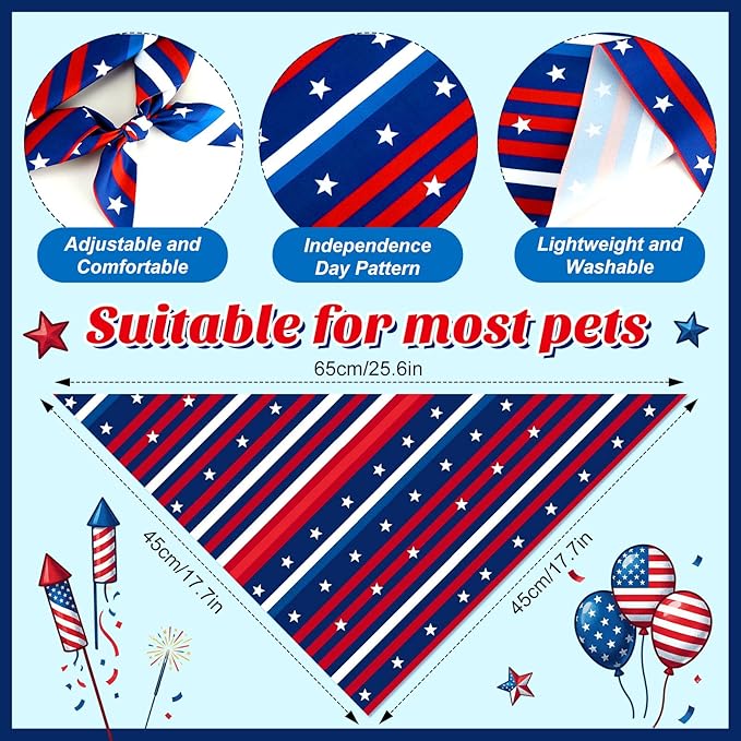 Shyyween 100 Pcs 4th of July Dog Bandanas Bulk for Patriotic American Striped Star Red White and Blue Independence Day Flag Scarf for Small Medium Large Outfit(Striped Star, 25.6 x 17.7 x 17.7 Inch)