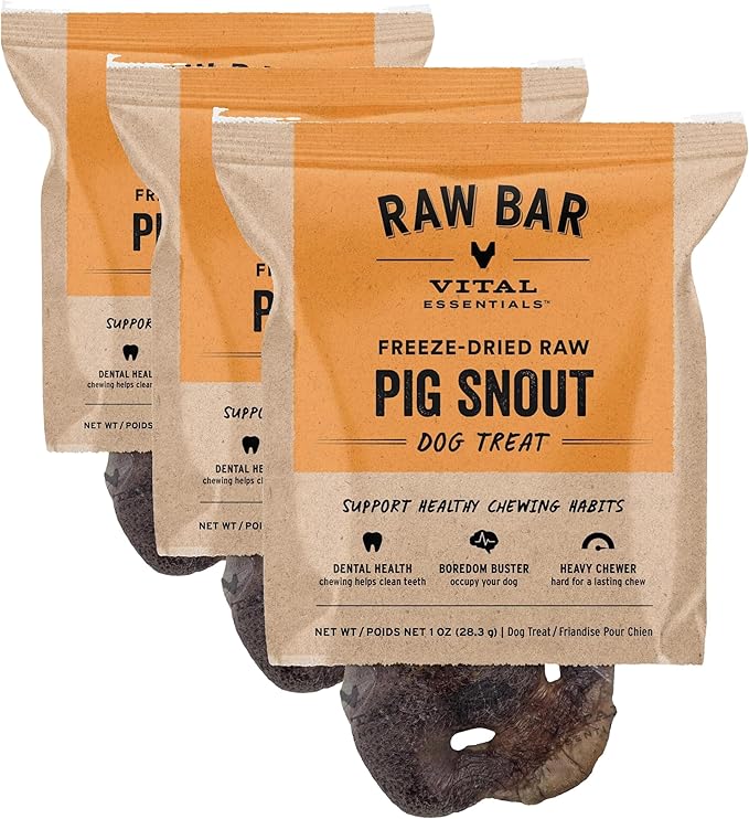 Vital Essentials Freeze-Dried Raw Pig Snout Dog Treat & Long-Lasting Natural Chew, 3-Pack | Single Ingredient Dog Treat for Aggressive Chewers | Made in USA