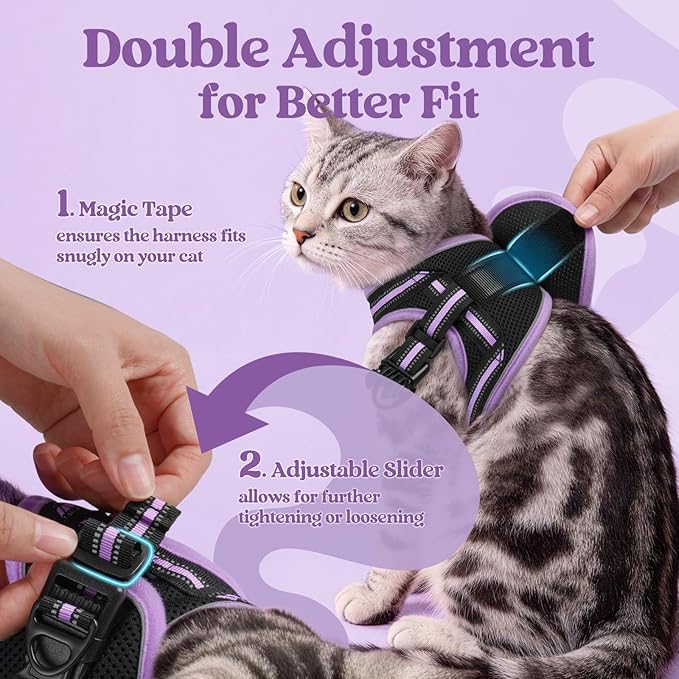 rabbitgoo Cat Harness and Leash Set for Walking Escape Proof, Adjustable Soft Kittens Vest with Reflective Strip for Cats, Comfortable Outdoor Vest, Black & Light Purple, M