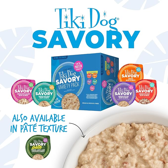 Tiki Dog Meaty – Grain Free High Protein Wet Dog Food Chicken Recipe in Broth, 4 cans, 3 oz, NO Color
