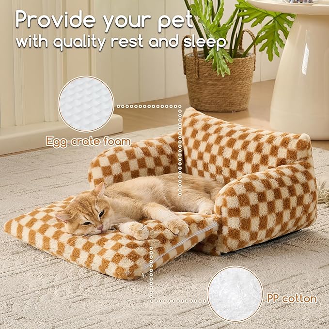 Hollypet Cat Bed Fluffy Plush Mutifuctional Double-Layer Soft Pet Couch Orthopedic Sofa Nest Beds for Small Cats and Dogs, Brown and Light Yellow (21x15x8 inch)