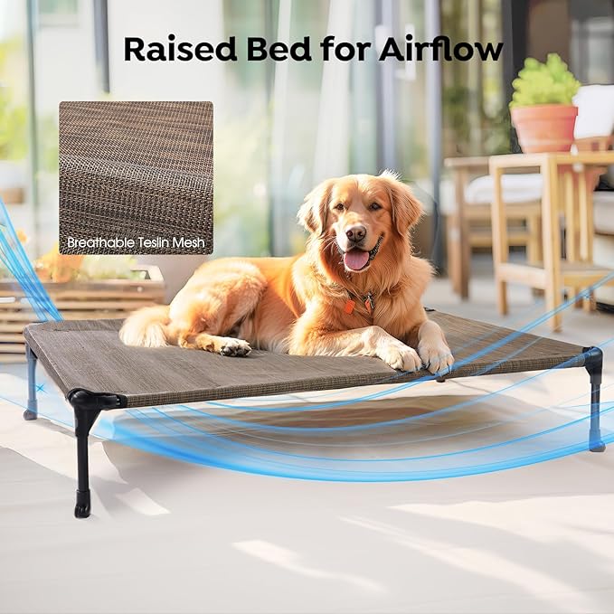 Veehoo Cooling Elevated Dog Bed Add Removable Waterproof Bolster Cushion Mat, Raised Pet Cot with Breathable Teslin Mesh, No-Slip Feet, Dog Couch Bed for Indoor Outdoor, Large, Brown CWC2331B