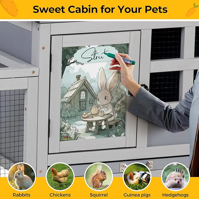 48" L Large Rabbit Hutch Outdoor Indoor, Expandable 2-Story Wooden Bunny Cage with Run, Removale Tray, 3 Entrances, Grey&Air Purifier