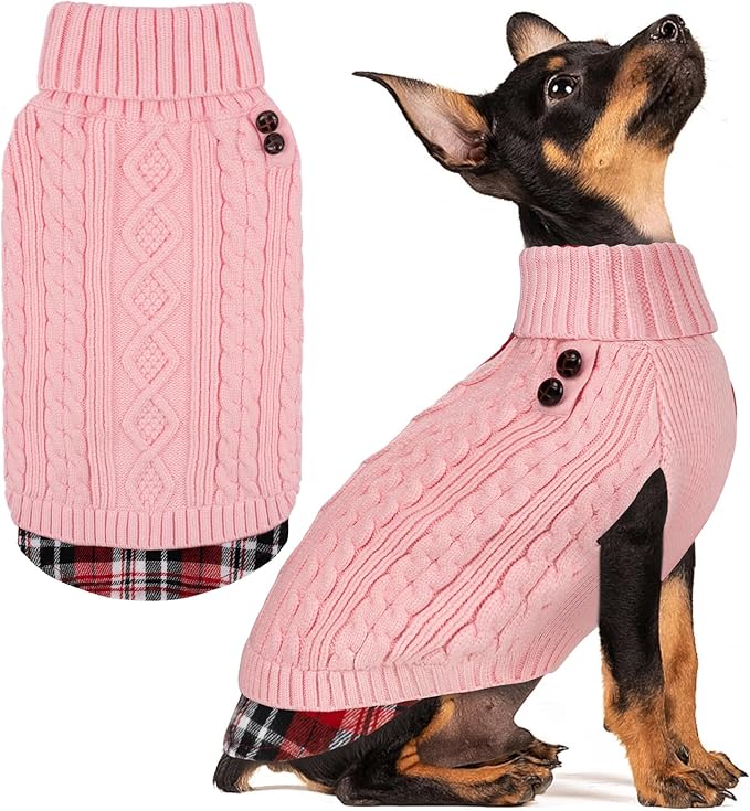 KYEESE Dog Sweater Stretchy Knitwear Cat Clothes Soft Pullover Dog Sweaters for Small Dogs Girl Thick Pet Coat for Fall Winter Cold Weather Warm Turtleneck Small Dogs Sweater with Gingham Patchwork