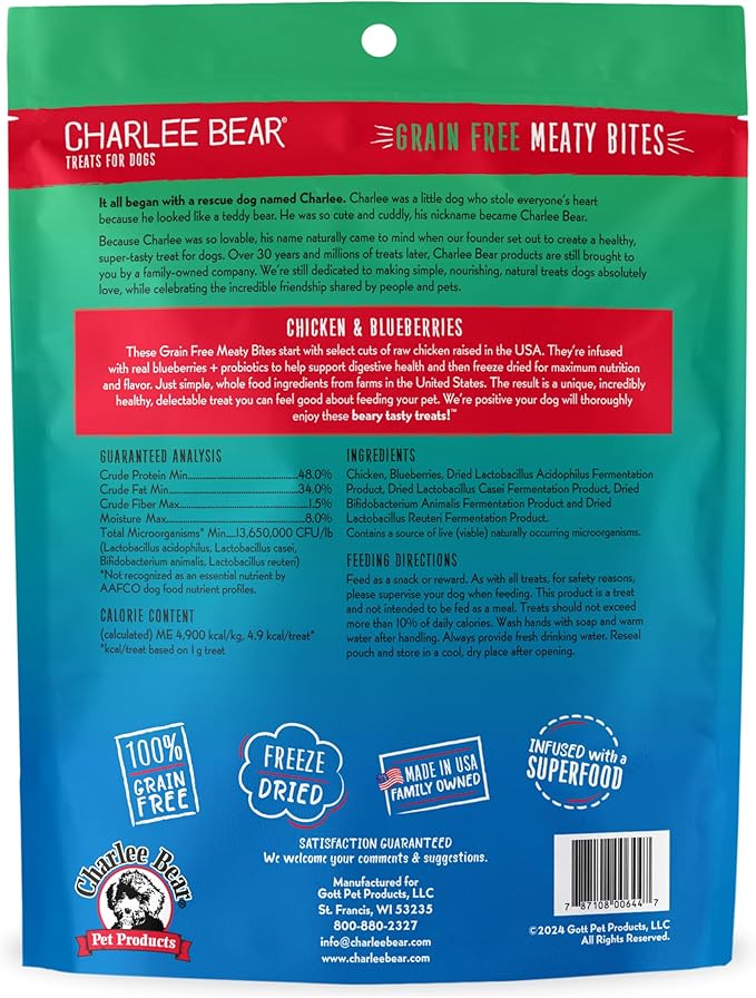 Charlee Bear Grain Free Meaty Bites Freeze Dried Dog Treats with Probiotics, Puppy Training Snacks, Soft Dog Bites Chicken with Blueberries, 2.25 oz Bags (2), Made USA