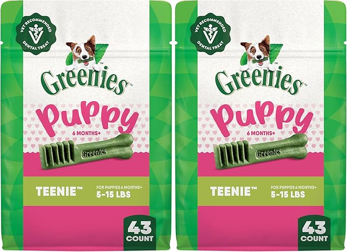 Greenies Dog Treats Veterinarian-Recommended Natural Dental Puppy Treats Teenie Size,12 oz. Pack,43 Count (Pack of 2)