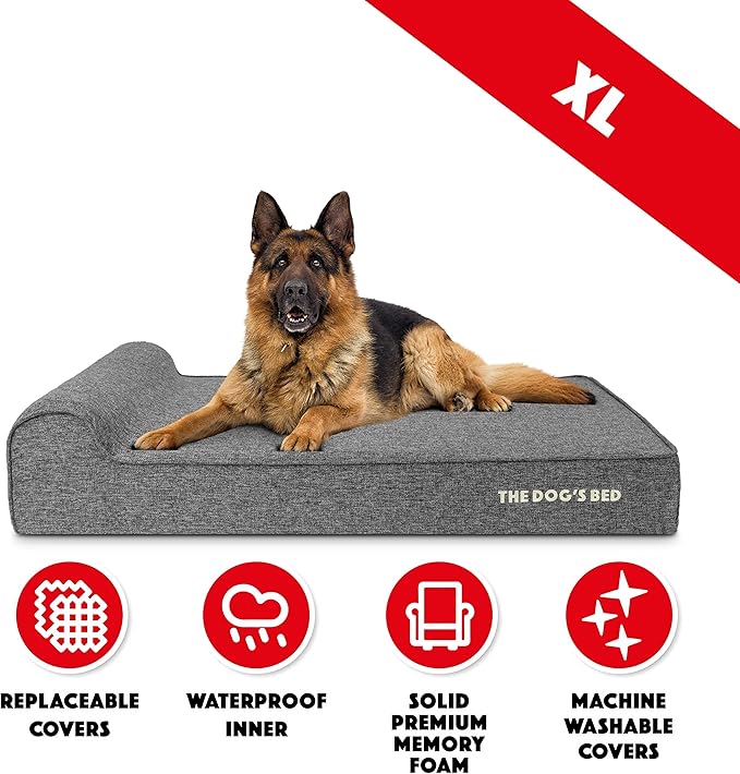 The Dog’s Bed Orthopedic Memory Foam Dog Bed with Headrest, Calming Surface – CertiPUR-Certified Foam, Linen Fabric, Grey Linen, XL, 6-Inch