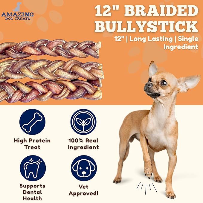 Amazing Dog Treats 12" Braided Bully Stick (5 Pcs/Pack) Bully Stick for Dogs - Made from Premium Grass Fed Beef