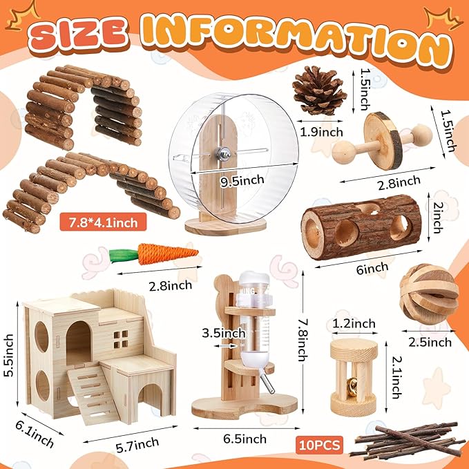 18 Pcs Hamster Cage Accessories, Silent Hamster Wheel, Chew Toys Set, Maze Wood House and Water Bottle Set for Rat Mice Small Animals Habitat (Natural Log Style)