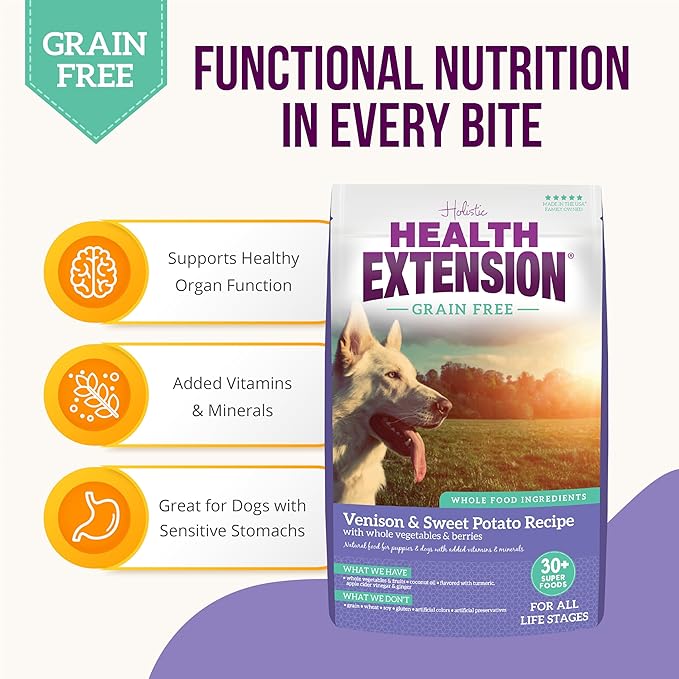 Health Extension Grain Free Venison & Sweet Potato Dry Dog Food - 30+ Superfoods and Probiotics for All Life Stages (23.5 lb)