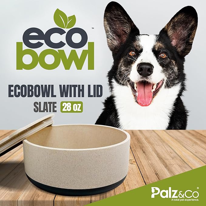 Palz&Co EcoBowl with Lid for Dogs & Cats, 28 oz Gray - Natural Bamboo Pet Bowl with Non-Slip Base, Pet Food and Water Dish, Dishwasher Safe